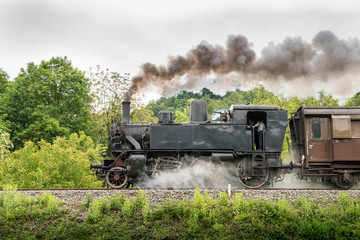 Fototapeta na wymiar Vintage steam train with ancient locomotive and old carriages runs on the tracks in the countryside