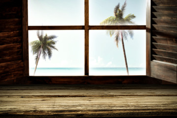 Wooden table background and window space 