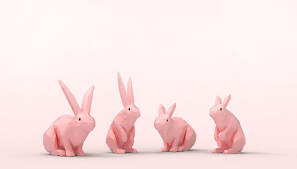Bunny rabbit - Animal lowpoly Groups on Concept  Modern Art    pastel pink background  - 3d rendering