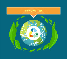 Recycling round label, arrows in triangle and round planet, earth and leaves in flat style. Modern idea of sorting trash, environmental care vector