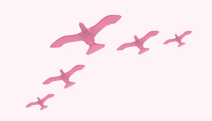 Flying Bird lowpoly pink Animal Groups on Modern Art  and pastel pink background  - 3d rendering