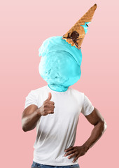 Male body in white shirt headed by a blue icecream with chocolate against trendy coral background. Negative space to insert your text. Modern design. Contemporary art collage. Vacation, summer, resort