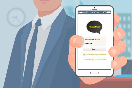 Person holding smartphone with kakao talk vector, korean messenger for people from worldwide. Businessman using application for communication and chat