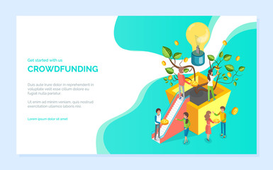 Get started with crowdfunding, man and woman holding coins, money tree with stairs 3d design, idea and strategy, plant business technology vector. Website or webpage template, landing page flat style