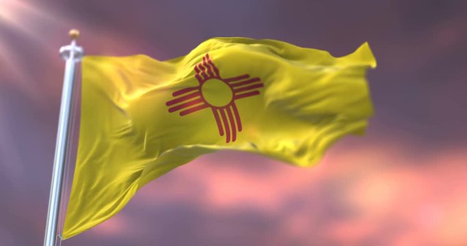 Flag of american state of New Mexico waving at sunset - loop