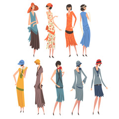 Elegant Woman in Retro Dresses Set, Beautiful Girls of 1920s, Art Deco Style Vector Illustration