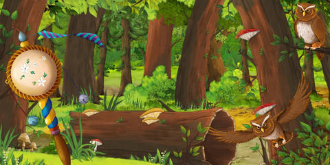 cartoon summer scene with deep forest and bird owl- illustration for children