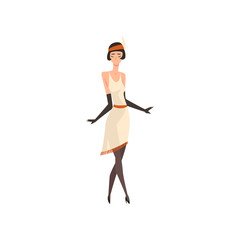 Elegant Woman in White Retro Dress, Black Stockings and Gloves, Beautiful Flapper Girl of 1920s, Art Deco Style Vector Illustration