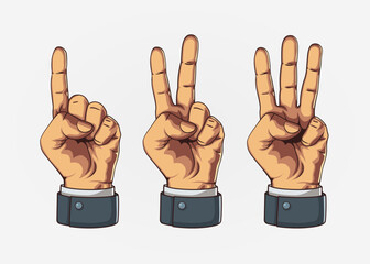 Set of counting one two three hand sign. Three steps or options concept.