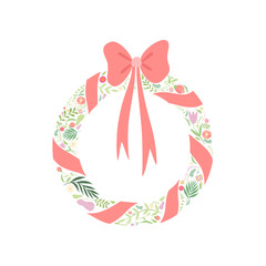 Elegant Floral Wreath with Red Ribbon Vector Illustration