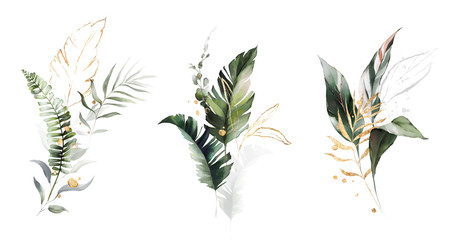  watercolor and gold leaves. herbal illustration. Botanic tropic composition.  Exotic modern design © lisima