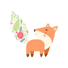 Cute Fox with Tail Made of Floral Seamless Pattern, Lovely Animal Cartoon Character Vector Illustration