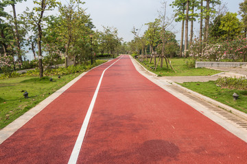 Fototapeta na wymiar Longitudinal red asphalt trails in parks