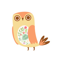 Cute Owl Decorated with Floral Seamless Pattern, Lovely Bird Cartoon Character Vector Illustration