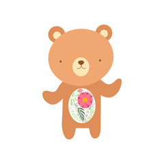 Cute Bear with Tummy Made of Floral Seamless Pattern, Lovely Animal Cartoon Character Vector Illustration