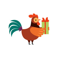 Colorful Rooster with Gift Box, Farm Cock Cartoon Character Vector Illustration