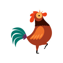 Colorful Rooster Standing on One Leg and Crowing, Farm Cock, Poultry Farming Vector Illustration