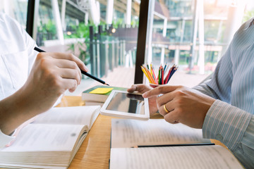 education and school concept, students campus helps Institution Friend catching up Reading and Exam and learning tutoring