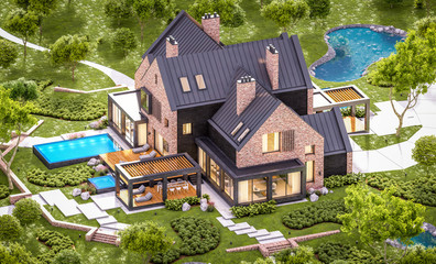 3d rendering of modern cozy clinker house on the ponds with garage and pool for sale or rent with beautiful landscaping on background. Clear summer evening with cozy light from window