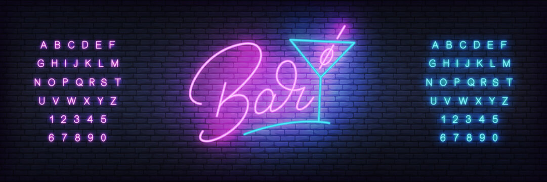 Bar neon template. Glowing lettering Bar and cocktail glass.