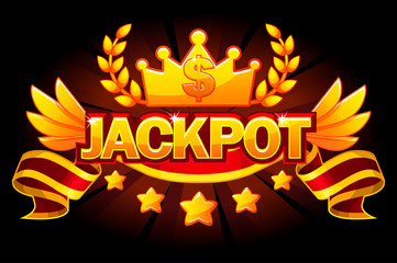 Jackpot banner. Casino label with crown and red award ribbon. Casino jackpot winner awards with golden text and ribbon. Vector objects on separate layers.