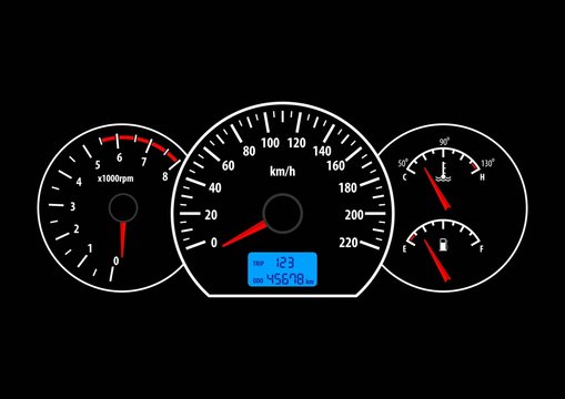 Car dashboard with speedometer, tachometer, fuel and temperature gauge. Vector illustration