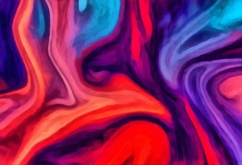 Abstract surrealistic background. Very colorful and warm pattern in juicy colors. Swirls and waves design. Paint and cartoon lines elements. Glow effect. 