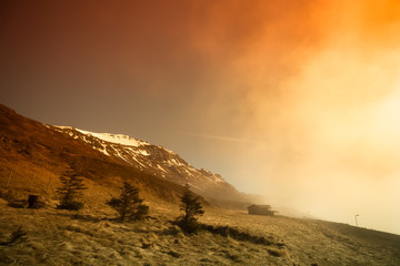Foggy landscape of the fjords of Iceland. Toned