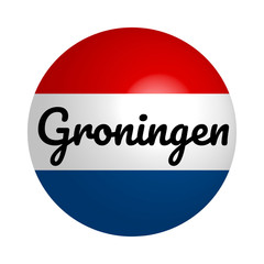 Round button Icon of national flag of Netherlands with inscription of city name: Groningen in modern style and reflection of light. Vector EPS10 illustration.