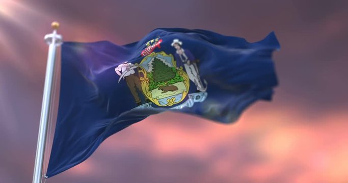 Flag of american state of Maine at sunset, region of the United States - loop