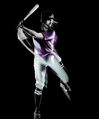 Obraz premium one caucasian baseball player man studio shot isolated on black background with light painting speed effect