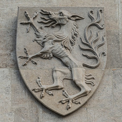 Heraldic Coat of Arms as decoration elements at facade of main city hall (Rathaus) in Vienna, Austria