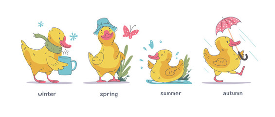 Fototapeta na wymiar Vector set of cute little yellow baby duck character walking, swimming, smiling isolated on white background in different seasons. Hand drawn style. For baby calendar, baby shower card, print, sticker