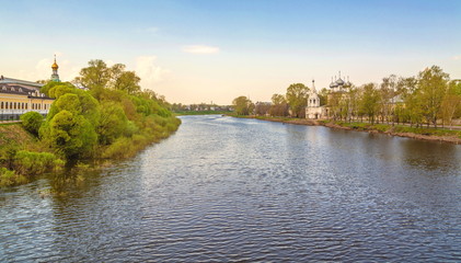 Fototapeta na wymiar View of river and banks in ancient Russian city of Vologda