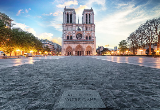 Notre Dame de Paris front square very early in the morning with no people. One week before the destructive fire on the 15.04.2019. Front entrance view Paris, France.