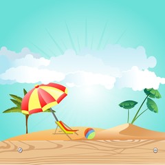 Summer Time Holiday illustration on vintage wood background. Tropical plants,sunshade, beach sand,  Vector. 