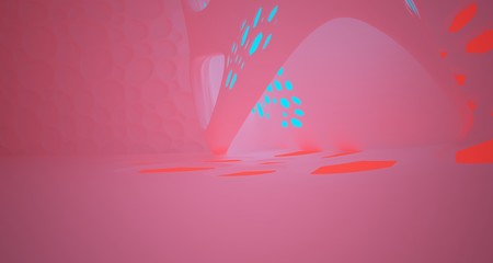 Abstract  white Futuristic Sci-Fi interior With Blue And Red Glowing Neon Tubes . 3D illustration and rendering.