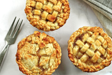 savory meat american english mini pie with vintage rustic fork Traditional rustic homemade savory meat apple cherry pie on white plate with vintage rustic fork with fork