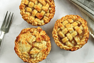 savory meat american english mini pie with vintage rustic fork Traditional rustic homemade savory meat apple cherry pie on white plate with vintage rustic fork with fork