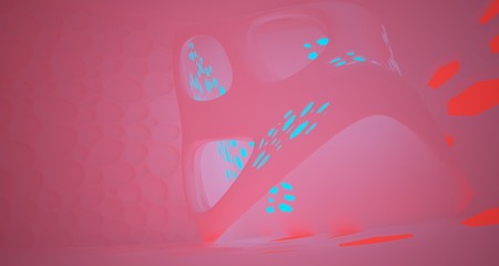 Abstract  white Futuristic Sci-Fi interior With Blue And Red Glowing Neon Tubes . 3D illustration and rendering.