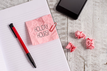 Word writing text Holiday Hours. Business photo showcasing Overtime work on for employees under...