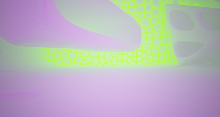 Abstract  white Futuristic Sci-Fi interior With Violet And Green Glowing Neon Tubes . 3D illustration and rendering.