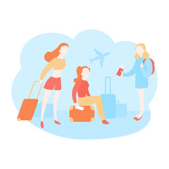 Cartoon girl tourists going on holiday. Passengers waiting departure, boarding in the terminal airport. Travel on the airplane