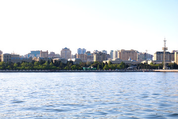 Obraz premium Panoramic view of Baku from the Caspian Sea. Waterfront of Baku, the Azerbaijani capital city