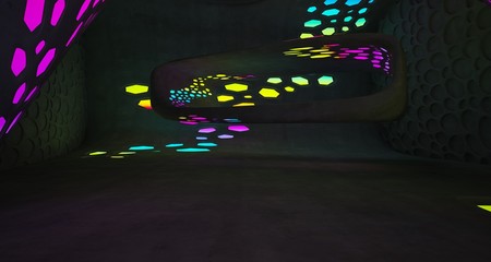 Abstract  Concrete and Glass Futuristic Sci-Fi interior With Colored Glowing Neon Tubes . 3D illustration and rendering.