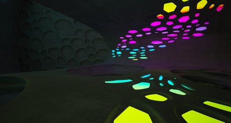 Abstract  Concrete and Glass Futuristic Sci-Fi interior With Colored Glowing Neon Tubes . 3D illustration and rendering.