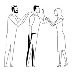 group of people speaking through the cellphone black and white