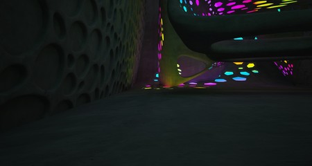 Abstract  Concrete and Glass Futuristic Sci-Fi interior With Colored Glowing Neon Tubes . 3D illustration and rendering.