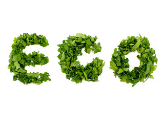 Eco text neatly laid out of parsley leaves. Fragrant seasoning for veggie and meat dishes. Natural food supplement and eco-friendly vitamin-rich product