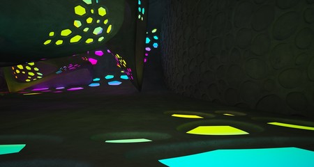 Abstract  Concrete and Glass Futuristic Sci-Fi interior With Colored Glowing Neon Tubes . 3D illustration and rendering.